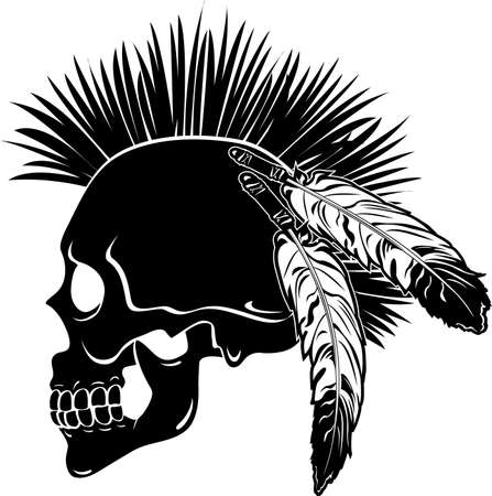 native american skull with mohawk hair and feathersのイラスト素材
