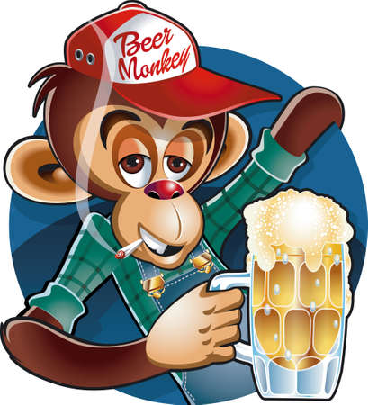 drunken monkey with baseball cap holding beer mugのイラスト素材