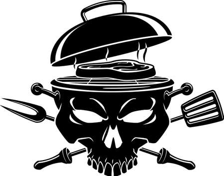 human skull barbecue grill with crossed fork and spatulaのイラスト素材