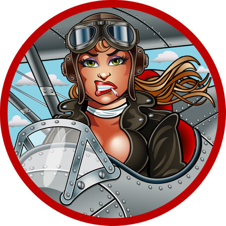 Retro Aviator woman flying airplaneのイラスト素材