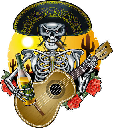 mexican mariachi skeleton wearing sombrero and playing guitarのイラスト素材