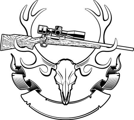 deer skull with crossing hunting rifles and bannerのイラスト素材