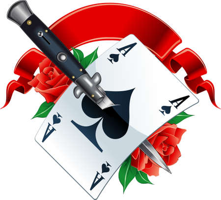 switchblade knife through ace of spade, roses and bannerのイラスト素材