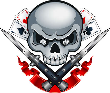 crossed switchblade knifes, skull, dices and cardsのイラスト素材