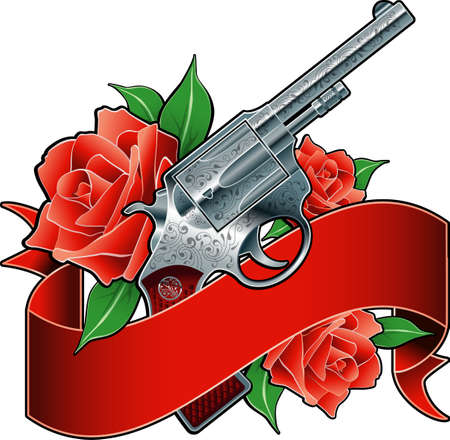 gun with roses and ribbonのイラスト素材