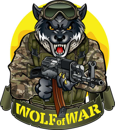 wolf in military uniform holding assault rifleのイラスト素材