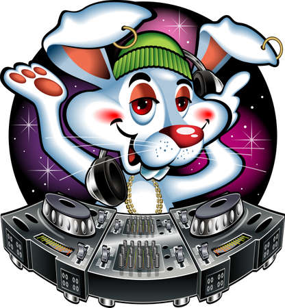 Cartoon style Discjockey rabbit operating mixer deskのイラスト素材