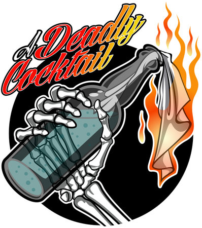 human skeleton hand holding an ignited  Molotov cocktailのイラスト素材