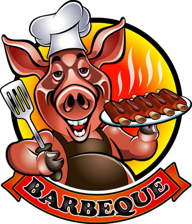 cartoon pig chef bbq grill holding spare ribsのイラスト素材