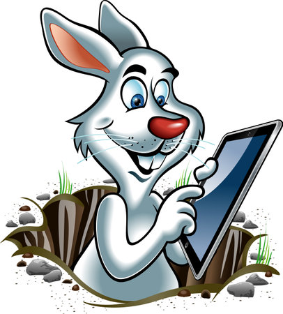Cartoon style rabbit in hole operating tablet computerのイラスト素材