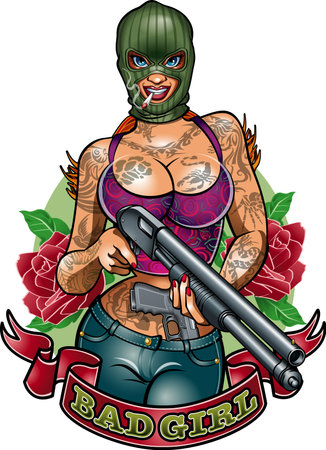 gangster girl wearing balaclava holding 12- gauge pump action gunのイラスト素材