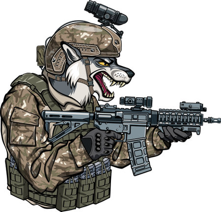 wolf in military gear and uniform holding assault rifleのイラスト素材
