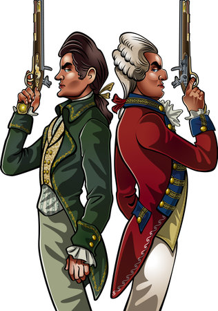 Two men standing back-to-back engaging in a pistol duelのイラスト素材