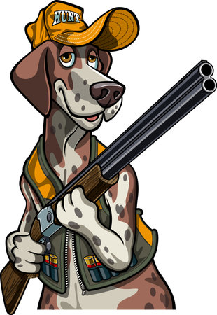 Cartoon style hunting dog holding over and under shotgunのイラスト素材