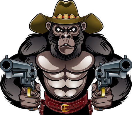 Cartoon style gorilla wearing cowboy hat and holding gunsのイラスト素材
