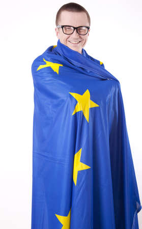 Man holding flag of European Union and smiling.の写真素材