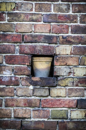 Old brick wall pattern closeup with flowerpot の写真素材