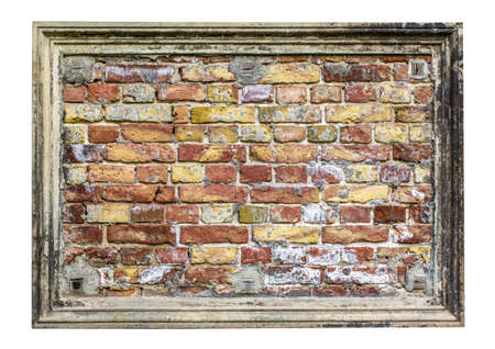 stuccoframe with old brickwall in it isolated on white の写真素材