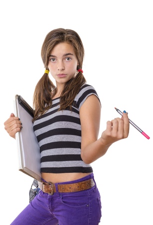 teenage girl with clipboard and pencil looking cool into camera, isolated on white.の写真素材