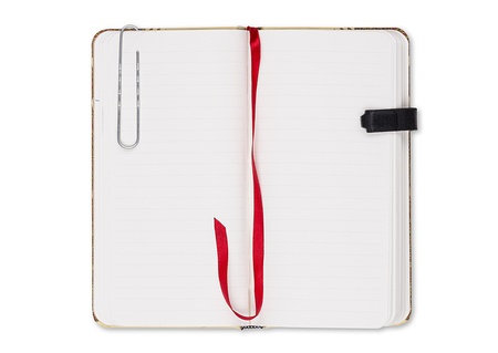 blank page of note book with paper clip and elastic strap isolated on white.の写真素材