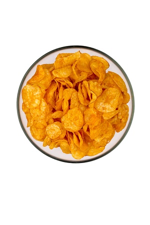 a bowl of potato chips, isolated on white.の写真素材
