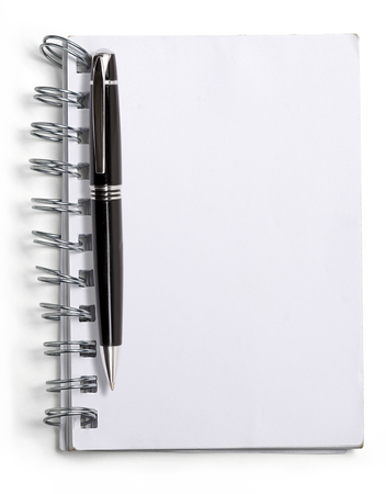 used blank note book with ring binder and black ball pen, isolated on white.の写真素材