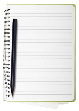 used blank note book with ring binder and japanese brush pen, isolated on white.の写真素材