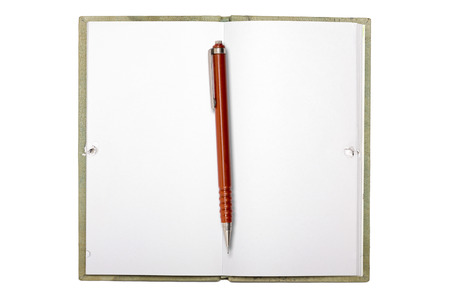 blank page of note book and mechanical pencil,  isolated on white.の写真素材
