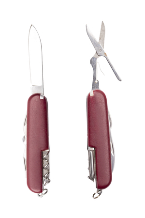 two use red pocket knifes, with different tools, isolated on white.