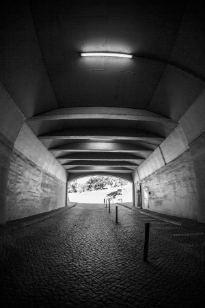 Light at the end of tunnel black and whiteの写真素材