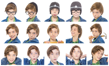 collection of male teenager portraits, isolated on white.の写真素材