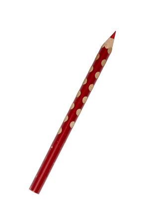 old used red crayon pencil, isolated on white.の写真素材