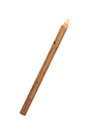 old used golden crayon pencil, isolated on white.の写真素材