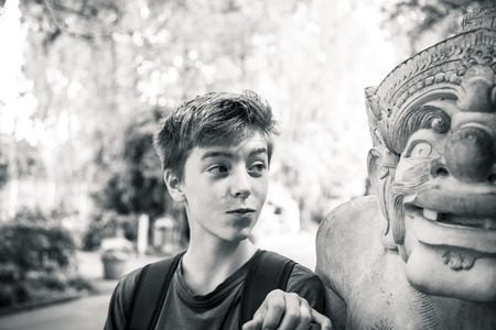 black and white portrait of a teenage boyの写真素材