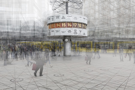 BERLIN, GERMANY. MARCH 11, 2016:  Double exposure artwork of the Weltzeituhr at Berlin Alexanderplatz.のeditorial素材