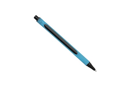 old used blue ball pen, isolated on whiteの写真素材