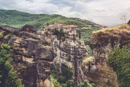 Monasteries of Meteora, Greece, built on huge rocks in a beautiful landscapeの写真素材