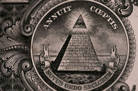 One dollar bill backside. pyramid. Closeup of George Washington . US dollars background. American currency.の写真素材