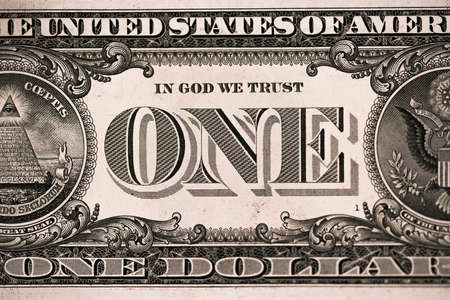 One dollar bill backside. pyramid. Closeup of George Washington . US dollars background. American currency.の写真素材