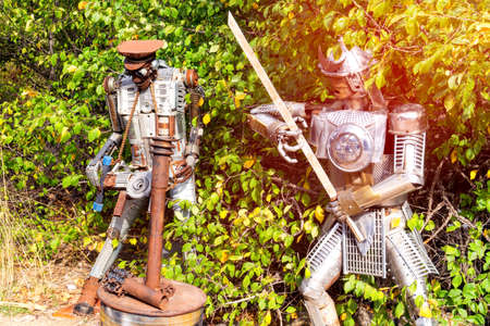 figurines of iron Medieval knight with sword and a soldier .の写真素材