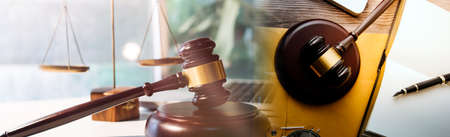justice and law concept.Male judge in a courtroom on wooden table and Counselor or Male lawyer...