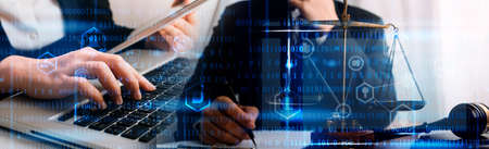 Double exposure of technology healthcare And Medicine concept. Doctors using digital tablet and...