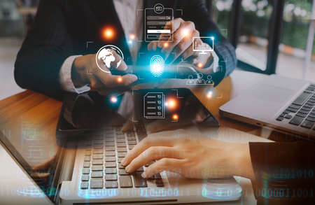 Online transactions, Businessman touching fingerprint scan provides security interface payment...