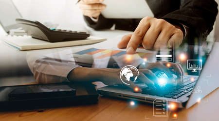 Online transactions, Businessman touching fingerprint scan provides security interface payment...