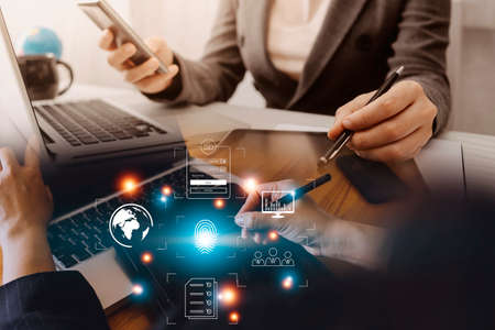 Online transactions, Businessman touching fingerprint scan provides security interface payment...