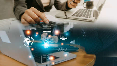 Online transactions, Businessman touching fingerprint scan provides security interface payment...
