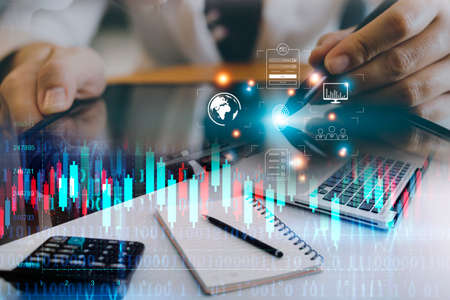 Online transactions, Businessman touching fingerprint scan provides security interface payment...