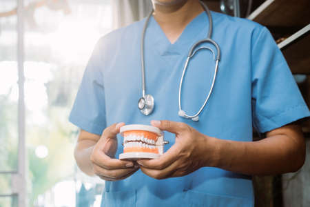 Double exposure of technology healthcare And Medicine concept. Two doctors using digital tablet and...