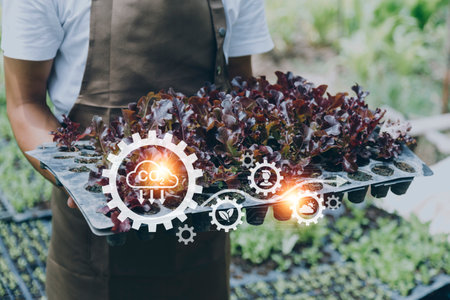 Futuristic businessman farms vegetables and crops using modern AI technology using mobile phones,...