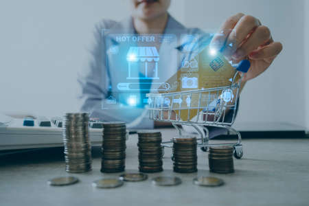 Hands holding credit card and using laptop. Online shopping